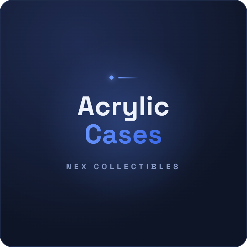 Dark navy Nex Collectibles banner reading Acrylic Cases