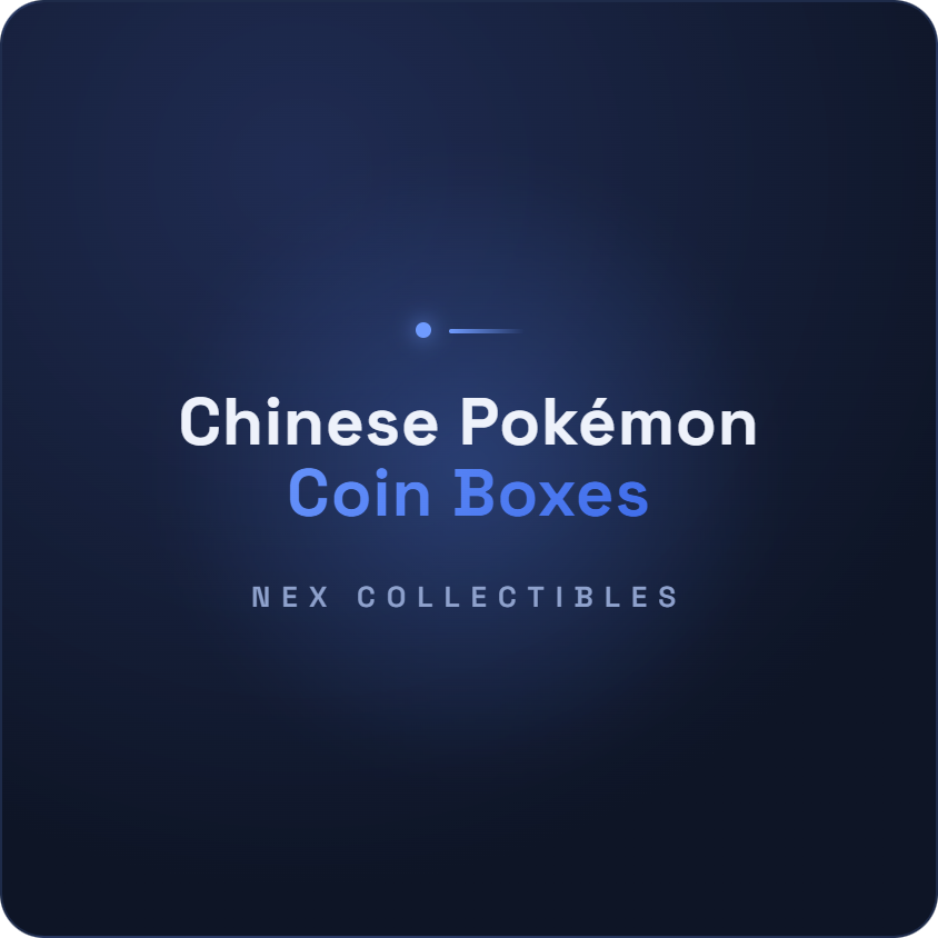 Dark navy Nex Collectibles banner reading Chinese Pokemon Coin Boxes