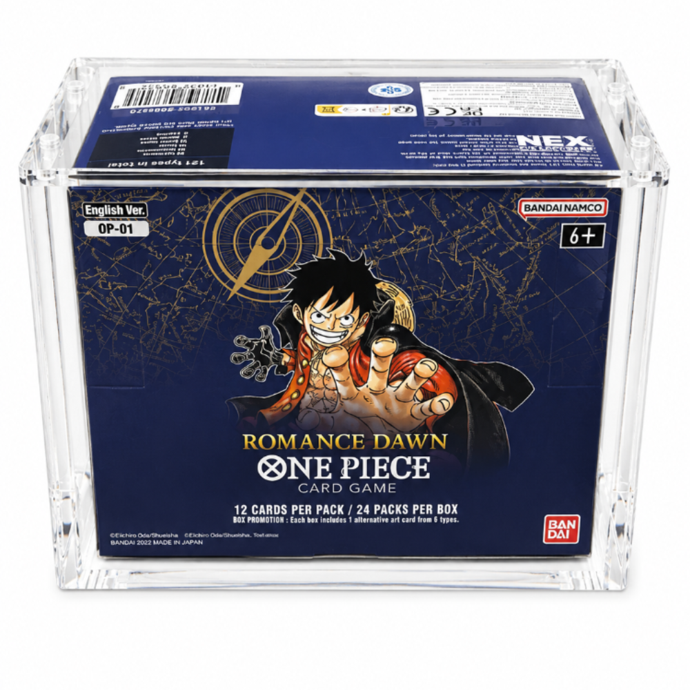 A clear acrylic display box containing a blue One Piece: Romance Dawn card game box, photographed on a clean white background.