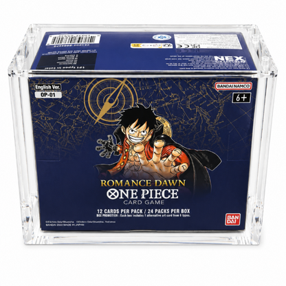 A clear acrylic display box containing a blue One Piece: Romance Dawn card game box, photographed on a clean white background.