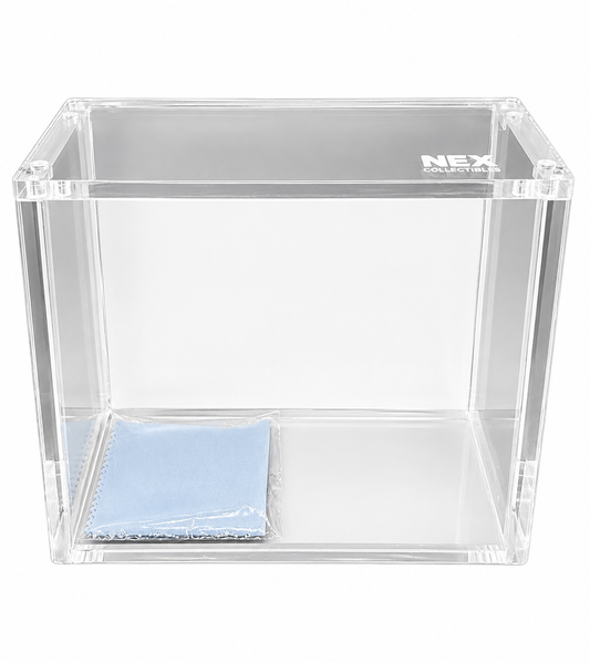 Pokemon Booster Box acrylic case with a light blue microfiber cloth inside, on a white background. The brand name 'Nex Collectibles' is visible on the top right.