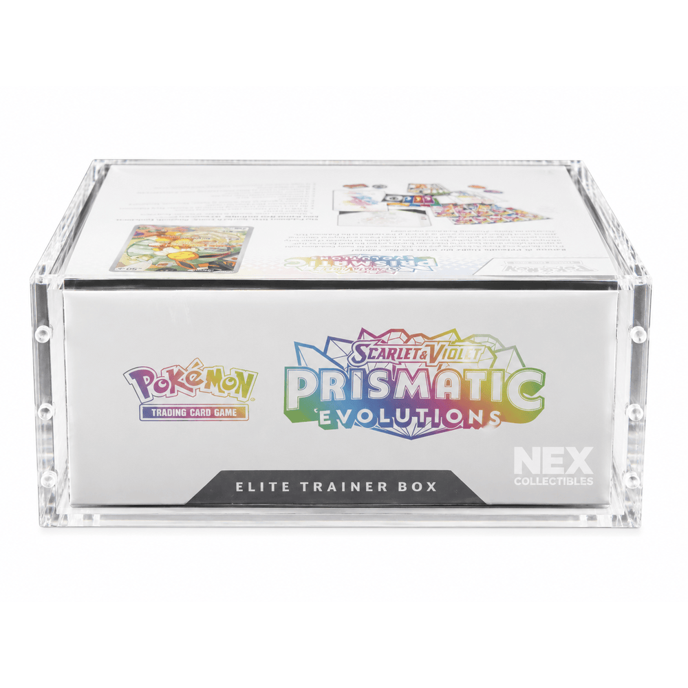 Pokémon Scarlet & Violet Prismatic Evolutions Elite Trainer Box in a clear acrylic display case with the Nex Collectibles branding.