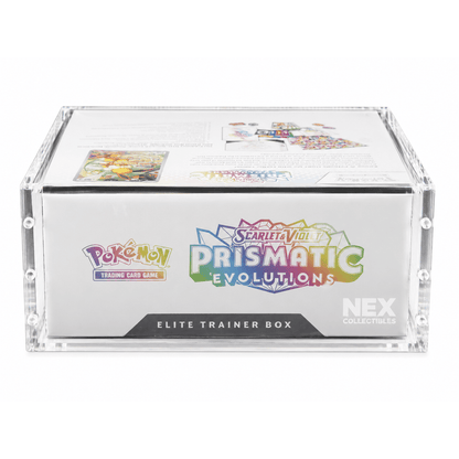 Pokémon Scarlet & Violet Prismatic Evolutions Elite Trainer Box in a clear acrylic display case with the Nex Collectibles branding.